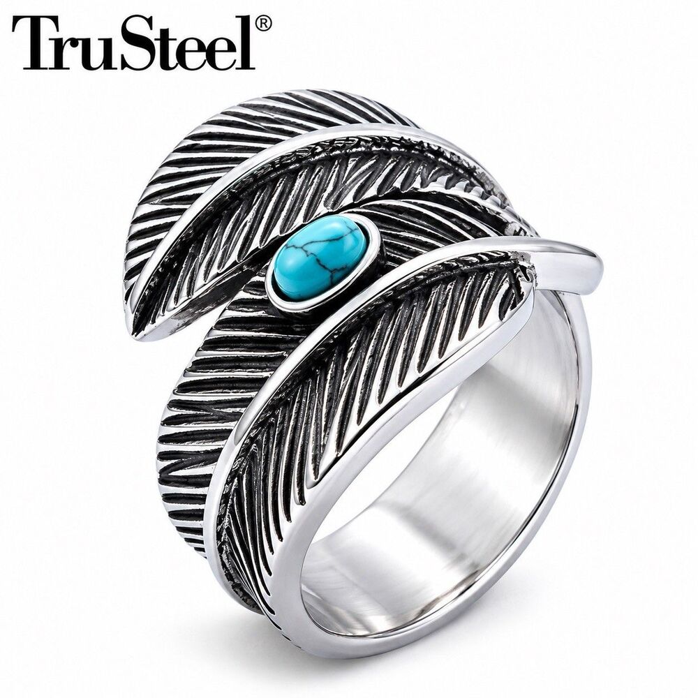 Turquoise Feather Ring 316L Stainless Steel Silver Boho Native Inspired Size 6